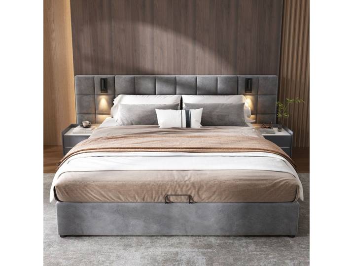 DRIPEX Lit rembourré en velours 180×200cm Lit hydraulique avec lampe directionnelle et recharge USB Tête de lit rallongée Gris