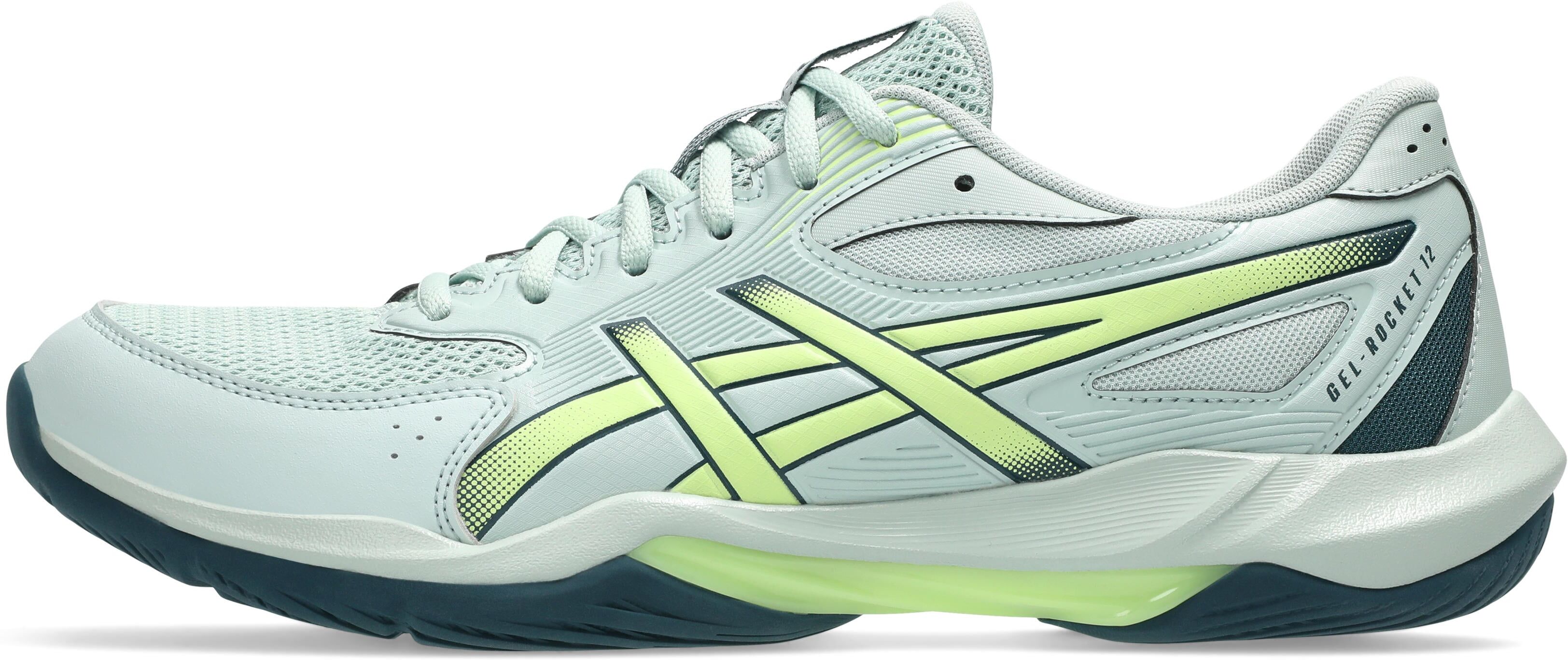 Hallenschuh ASICS "GEL-ROCKET 12", Herren, Gr. 46,5, grün (lichen rock, tranquil teal), Synthetik, Schuhe Hallenschuh, besonders geeignet für Handball und Volleyball lichen rock, tranquil teal 46,5