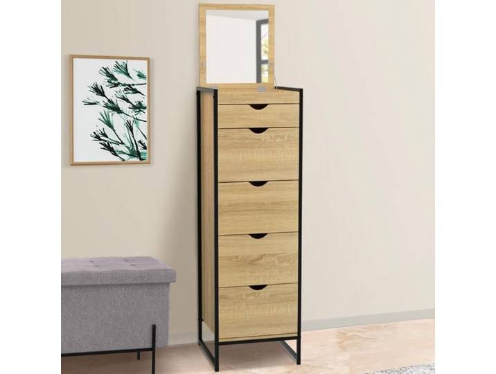 IDMARKET Chiffonnier 5 tiroirs DETROIT 40x40x125 cm avec miroir meuble d'entrée design industriel