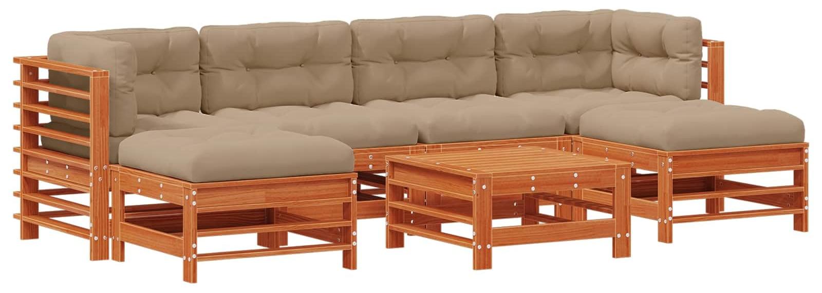Garten-Lounge-Set, 7-teilig, braun, aus Kiefernholz - Modulares Design - Massivholz