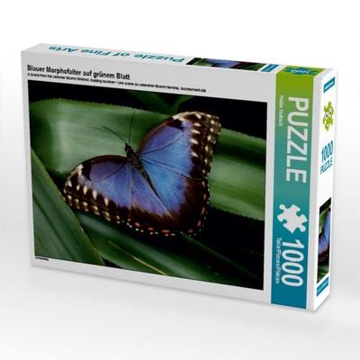 CALVENDO Puzzle Blauer Morphofalter auf grünem Blatt | 1000 Teile Lege-Größe 64x48cm Foto-Puzzle für glückliche Stunden