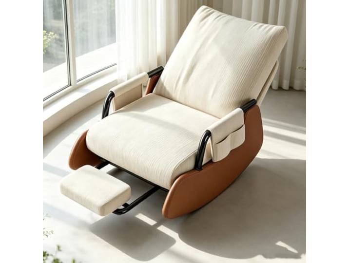 LCNDKF Polstersessel Schaukelnd mit Ausziehbarer Fußstütze Ergonomischer Schaukelstuhl mit ausziehbarer Fußstütze und Seitentasche für tägliche Entspannung.