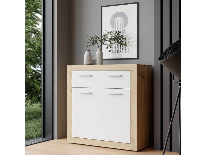 Commode 83cm Blanc/Marron/Imitation chêne Artisan