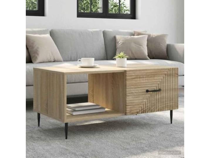 pokgdf Couchtisch Sonoma-Eiche 90 x 50 x 40 cm Holzwerkstoff Metallbeine Rechteckig, Stauraumfächer, Pendeltüren, schwarze Metallbeine, pflegeleichte Oberfläche, Industrie-Design