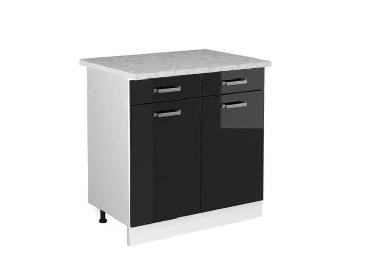 Vicco Küchenunterschrank R-Line, Schwarz Hochglanz, 80 cm 2 Schubladen · Arbeitsplatte Marmor · Höhenverst. Füße · Metallgriffe · Leichter Zugriff