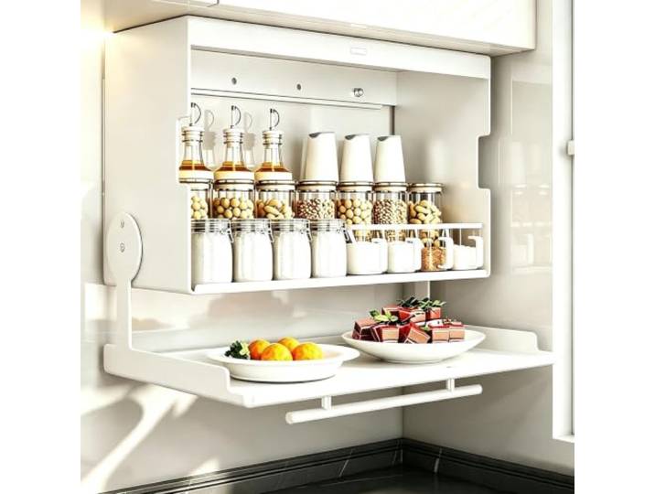LYFHYSDSP 2-stufiger Auszieh-Schrankorganizer, 90° Herunterklappbares Regal Wandmontierter Klappbarer GewüRzregal, Platzsparender HäNgeorganizer füR GewüRzgläSer, KüChe(White,39.9cm/16in)