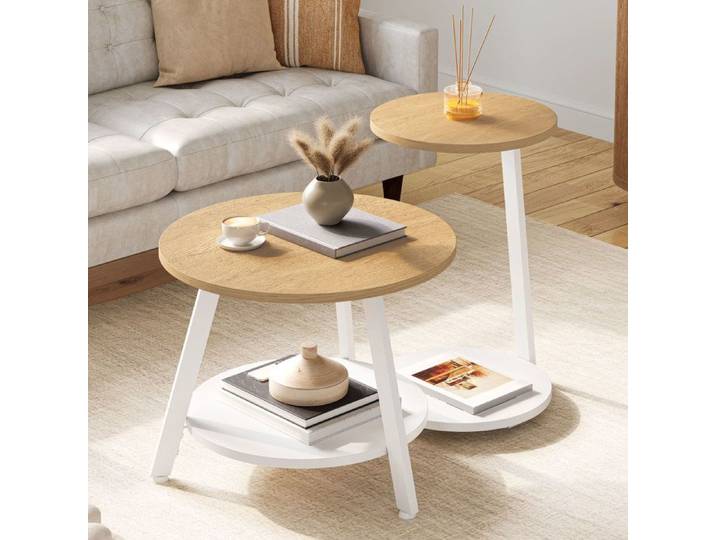 Ensemble de 2 tables basses rondes tables basses gigognes avec table d'appoint en forme de C beige