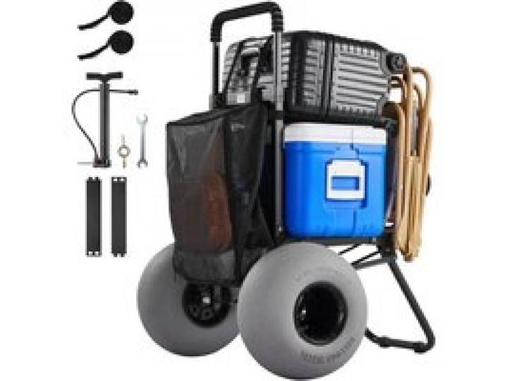 VEVOR Strandwagen mit Ballonreifen (12 Zoll), Faltbarer Strandtrolley mit 4-stufig Einstellbarem Schaumstoffgriff und Pumpe, Handwagen (75 kg Belastbar), Strandkarre Ideal für Camping und Angeln