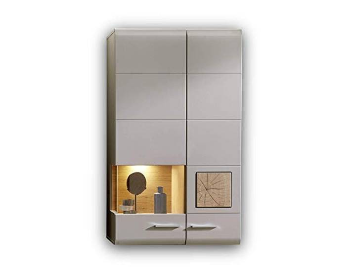 FUN PLUS 2 Hängevitrine in Basalt Vitrine mit Hirnholz-Applikationen LED 80 x 136 x 37 cm (B/H/T), Glasvitrine für das Wohnzimmer mit Eiche Dekorböden, Glas-Holztür, Stauraum, LED-Beleuchtung
