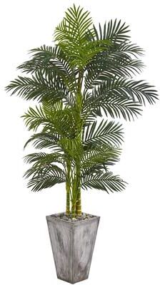 Nearly Natural 7' Golden Cane Artificial Palm Tree in Cement Planter - Green