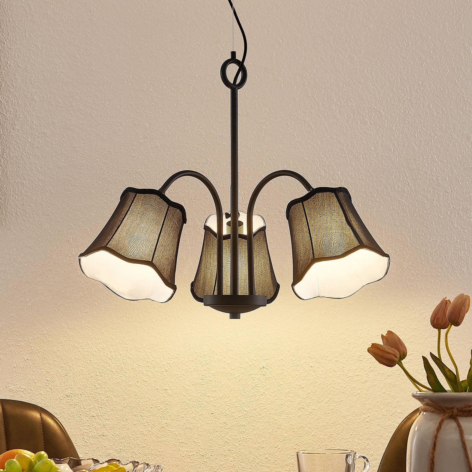 Lucande Hanglamp Binta, Zwart, Dimbaar, Textiel en Metaal, E214 fitting