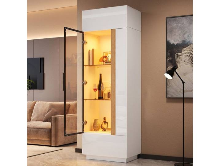 Vitrine haute avec porte vitrée éclairage LED pilotable par app vitrine avec cadre en aluminium meuble de rangement blanc