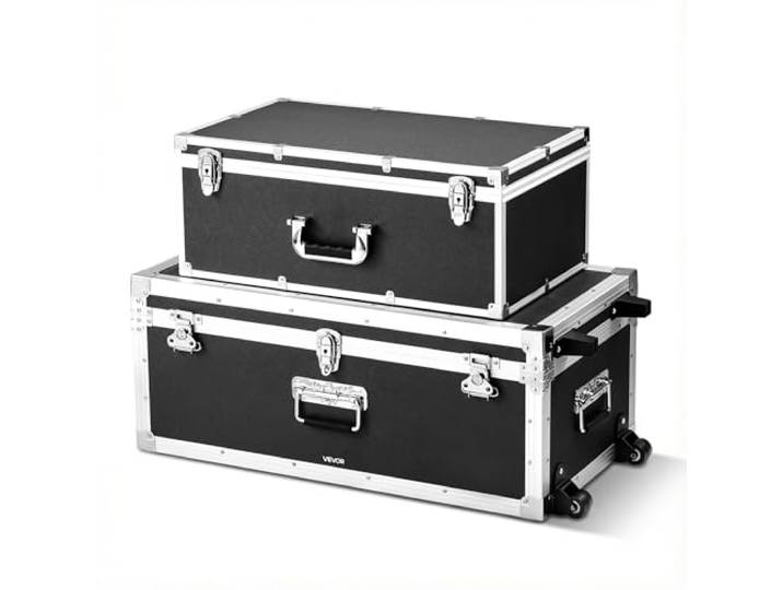 VEVOR Lot de 2 Caisses de Transport\, Coffre de Rangement à Roulettes avec 3 Poignées Métalliques\, Valises pour Décoration de Bureau\, Voyage\, Déménagement\, Cadenas à Combinaison\, Cadre en Métal\, Noires