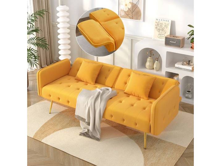 Canapé lit avec fonction lit Couchage spacieux Canapé 2 places pliant avec dossier réglable et accoudoirs Velours Jaune