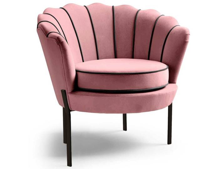 Fauteuil coquillage en velours de polyester rose avec pieds en acier