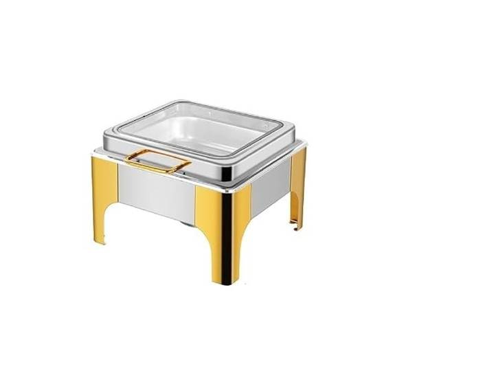 2-teiliges, schweres Edelstahl-Quadrat Speisenwärmer Chafing Dish-Set mit hydraulischem Soft-Close-Glasdeckel for die Gastronomie