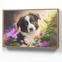 WANDLEUCHTE MIT AKKU Welpe - Sonne - Blumen - Natur - Border Collie - Hund Dimmbar 90x60 cm Wandlampe