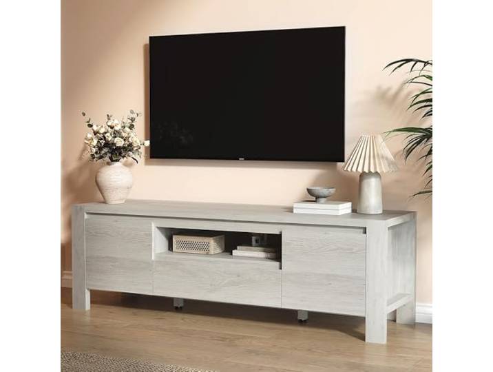 Garvee TV-Lowboard 160cm Hellgrau Holz für TV bis 70 Zoll Garvee TV-Lowboard Holz 160x40x45cm, für Wohnzimmer, einfache Montage, für Familien.