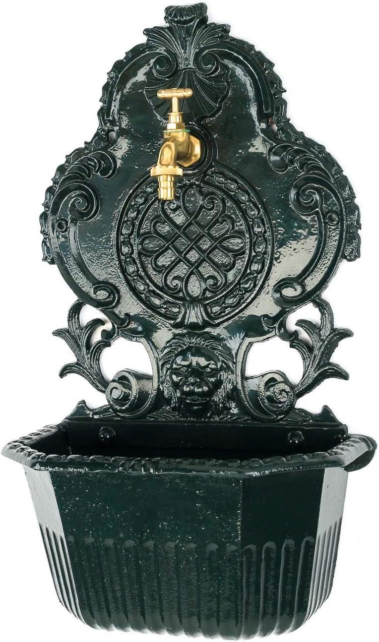 Grüner Wandbrunnen mit Löwenmotiv aus Aluminium im antiken Stil
