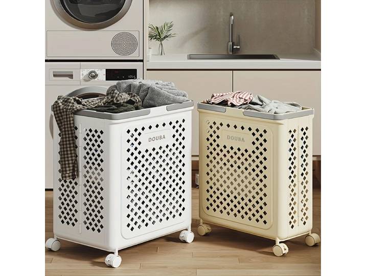 Panier de rangement pliable, petit panier à linge en plastique avec roulettes et poignées, panier roulant peu encombrant