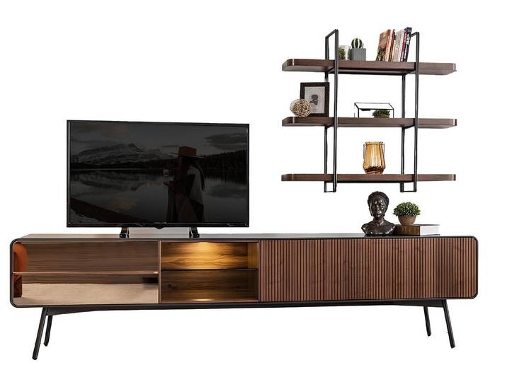 Xlmoebel Wohnwand rtv TV-Bord aus Holz in Braun, modern und stilvoll gestaltet, (RTV-Lowboard,3x Regal, 2-St., Regale, RTV), Hergestellt in Europa