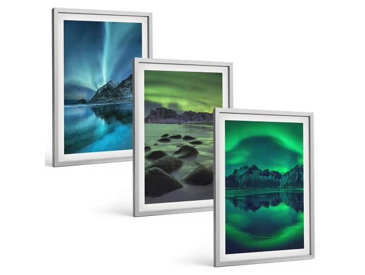 Tulup Bilder SET 3er Set - 40x60 cm Silberner Rahmen - Winterlandschaft der Aurora borealis, Silberfarben, Kunststoff, Rechteckig, 40x60 cm, gerahmt, Bilder & Rahmen, Bilder