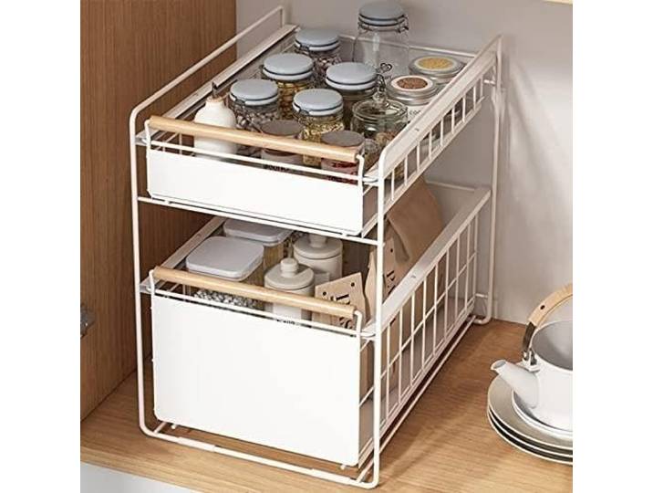 Untertisch-Organizer 2-stöckig, Schiebekorb für Küchenschrank & Bad Platzsparender 2-stöckiger Untertisch-Organizer mit ausziehbarem Schiebekorb. Ideal für(Blanc,40x27x39cm)