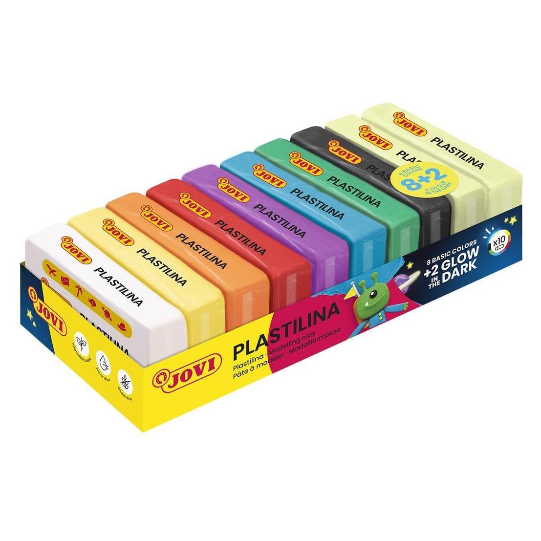 Jovi Plastilin 50g 8 Grundfarben + 2 im Dunkeln leuchtende Farben (70/10G-JV)