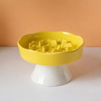 Uplift Essentials Elevated Ceramic Slow Feeding Cat Bowl yellow