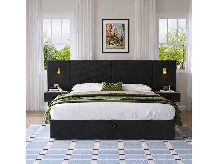 Lit Adulte Coffre Rangement 266x205 Velours Noir Okmyhome