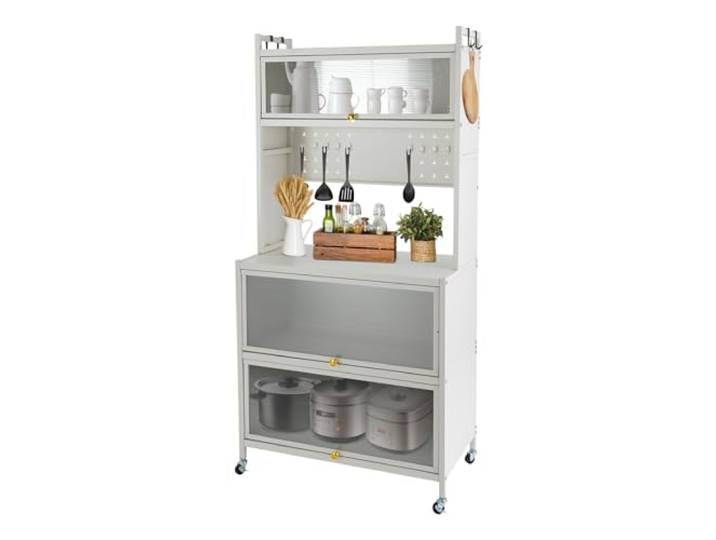 CAIYGG 5-stufiges Lagerregal aus Kohlenstoffstahl mit 4 Rädern für Küche Tragkraft 200 kg, Staubdichte Klappenschränke, 8 Haken, Für Küche Und Wohnzimmer
