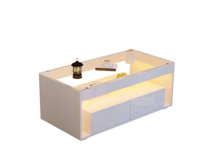 Okwish Couchtisch 100/50/40 cm mit LED-Beleuchtung in Hochglanzweiß, Weiß, 50x40x100 cm, Wohnzimmer, Wohnzimmertische, Couchtische