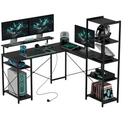 STILVORA Eckschreibtisch L Form 140x140x140 cm mit Regalen Monitorständer und integrierter Steckdose USB und Type C Anschlüssen Schwarz