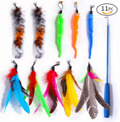 Inspire Picks Retractable Cat Wand Toy Set Feather Teaser With Caterpillar Replacement Heads blue
