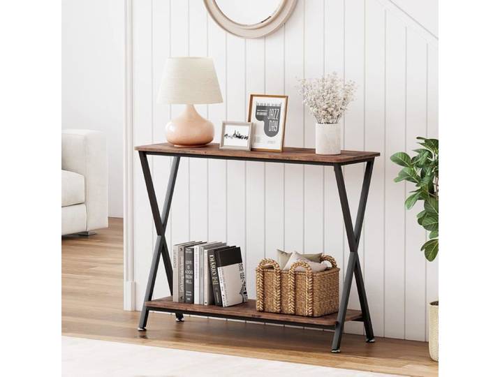 Console étroite - LUNSY - 80x30x81 cm - Marron - Structure métallique robuste - Supports en X
