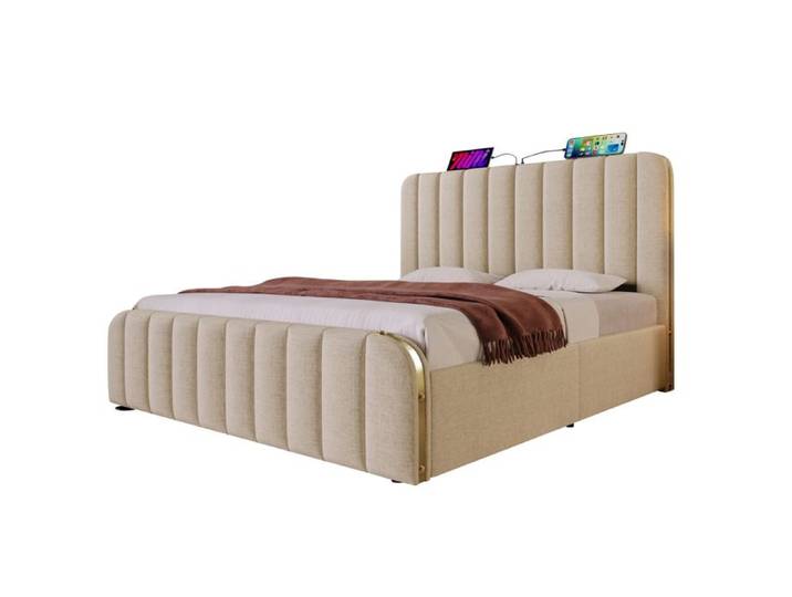 Polsterbett 180x200 cm Beige Leinen mit doppelt gepolstertem Kopfteil und USB Typ-C Ladefunktion 4 Schubladen