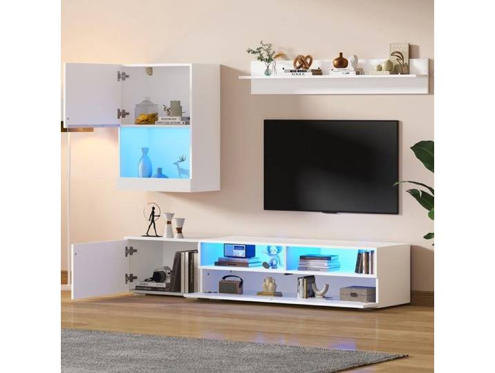 Ensemble 3 pièces meuble TV mural 175x39x34cm avec vitrine LED blanc brillant pour TV jusqu'à 80