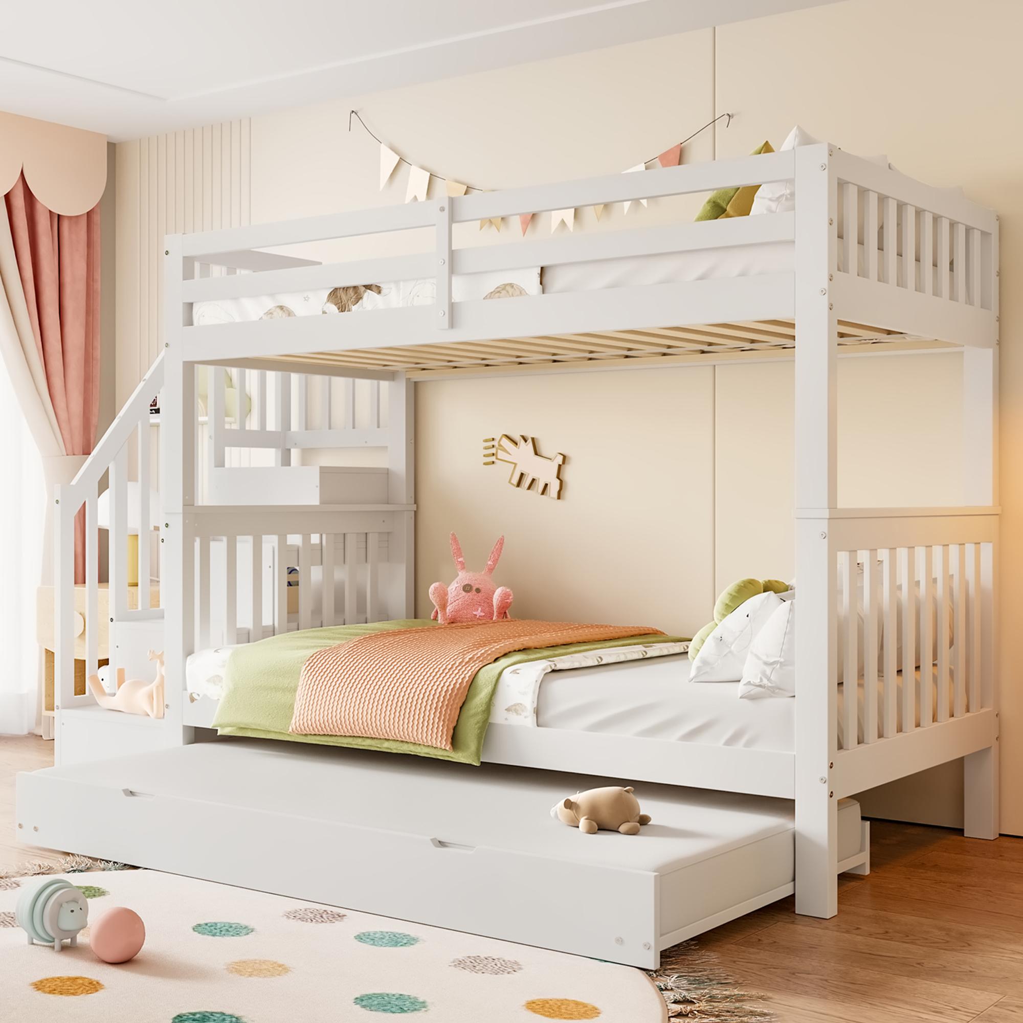 Merax Etagenbett Stockbett 90x200cm, mit Ausziehbett 90x190cm, Geländer, Lagerleiter, Kinderbett, Jugendbett, Massivholzbett, Weiß