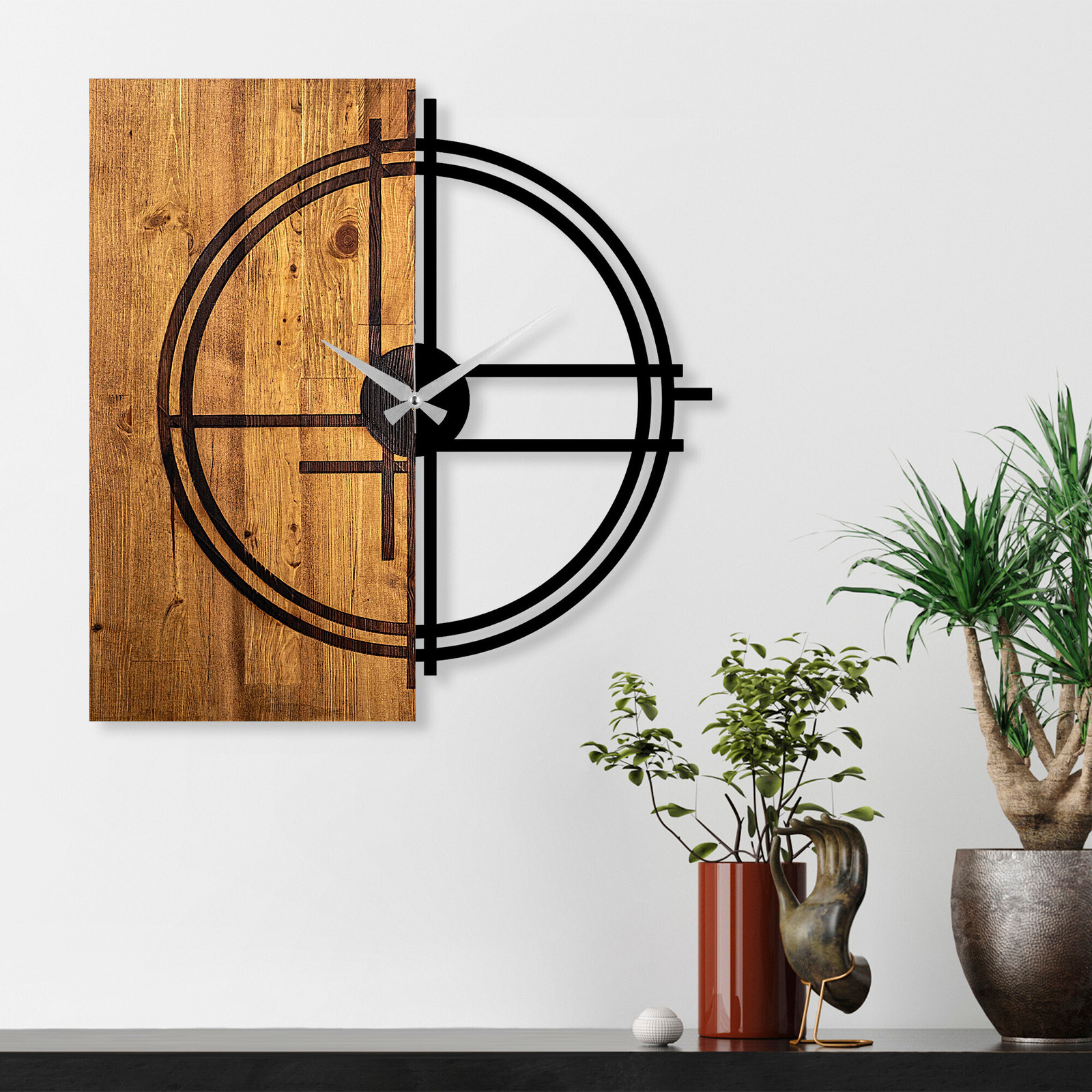 Opviq Wandklok van Licht Eikenhout en Metaal, 56 x 58 x 3 cm