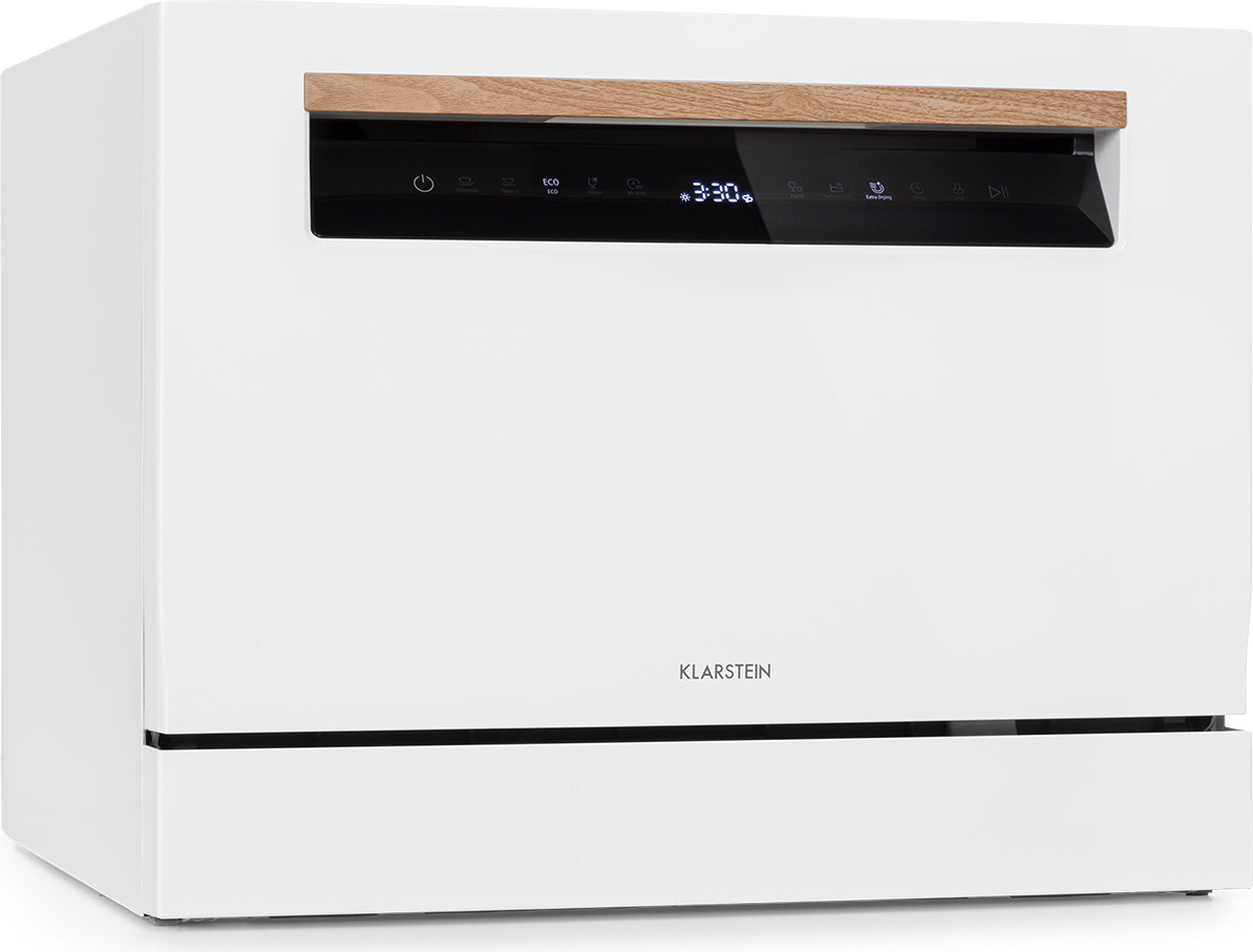 Klarstein Lagoona Mini-Geschirrspüler freistehend, , Leistung: 1380 Watt, 6 Standardgedecke, Wasserverbrauch: 6,5 L 7 Programme plus Extra-Trocknung, 49 dB, schwarzes Touch-Bedienfeld, weiß