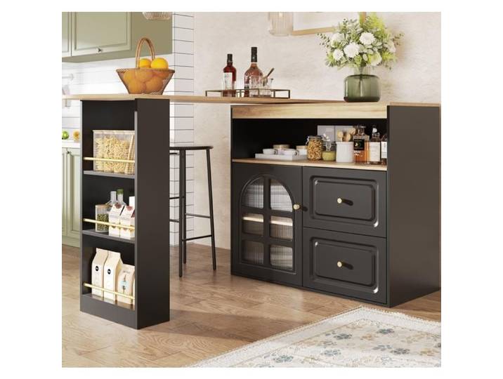 Buffet de Cuisine 2 tiroirs étagère snacks compartiment de rangement ouvert 360°meuble buffet pivotant avec étagères et verre arqué