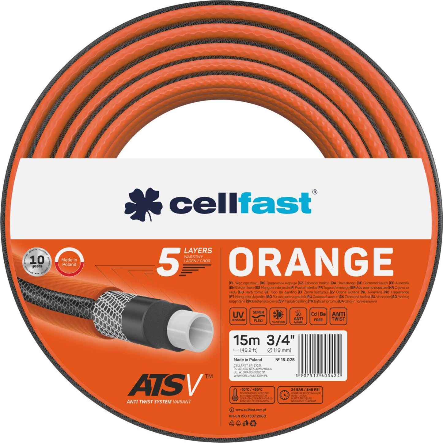 ATSV Cellfast Tuinslang, 3/4 inch, 15 meter, Oranje, 5-laags, UV-bestendig