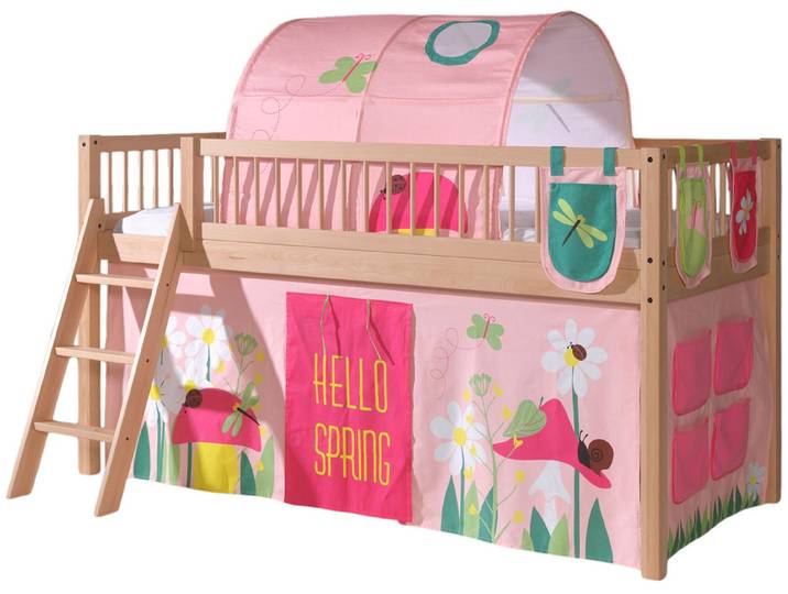 Spielbett VIPACK Forrest, Absturzschutz mit Sprossen-Optik, Pfostenstärken ca. 50x50mm , rosa (buche natur lackiert, buche natur lackiert, buche natur lackiert), B:135,5cm H:114cm L:207,5cm, Betten, Spielbett, 90/200 cm, Spielbereich unter dem Bett, 2 Textil-Set´s zur Wahl