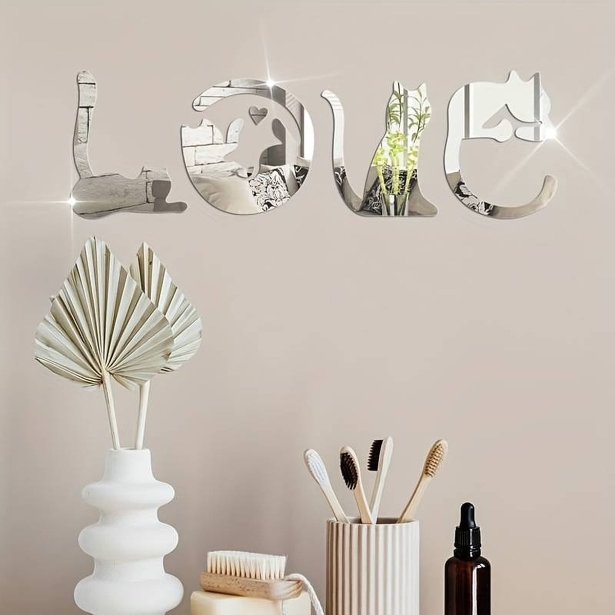 Zelfklevende 3D spiegelsticker set met Love en katten tekst - Zilver - Wanddecoratie voor de woonkamer
