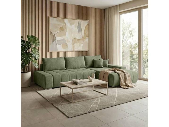 Beautysofa DRACO L Ecksofa mit Schlaffunktion & Bettkasten 267 cm - Schlafsofa, Bettsofa, Couch L-Form, Seitenausführung Rechts – Grün Velo 629