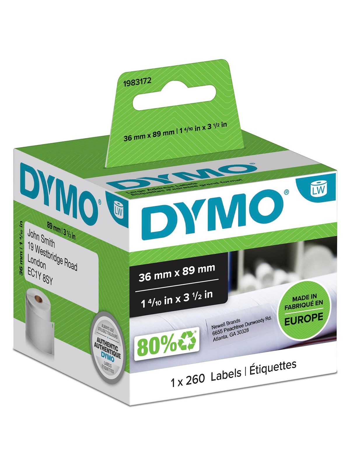 DYMO LabelWriter Adressetiketten (Groß) | 36 mm x 89 mm | Rolle mit 260 Etiketten | selbstklebend