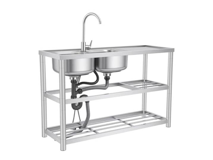 Freistehender Spültisch, 120×45×80CM Edelstahl Doppelspüle, 2 Becken 3 Ebenen Küchenspüle Spülbecken Edelstahlspüle Waschtisch mit Kalt und Warm Wasserhahn für Gewerbeküche Restaurant Kantine
