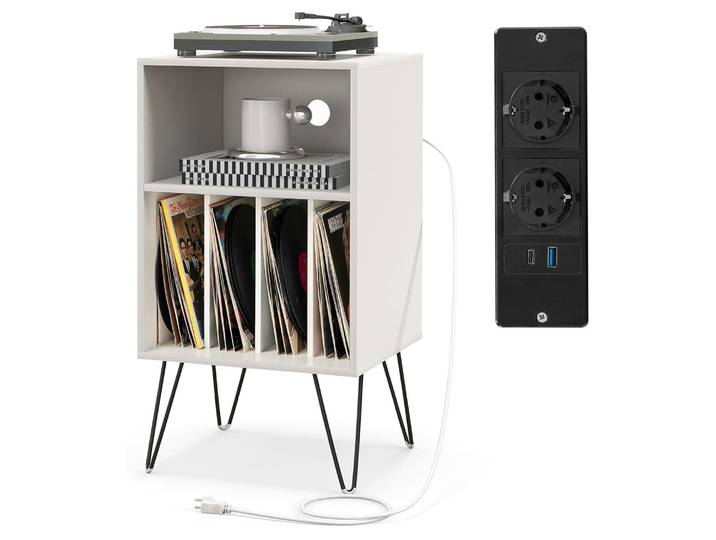 Support pour tourne-disque avec Station de recharge, support pour disques à 3 niveaux, table de rangement pour disques vinyles avec étagère et 4 séparateurs