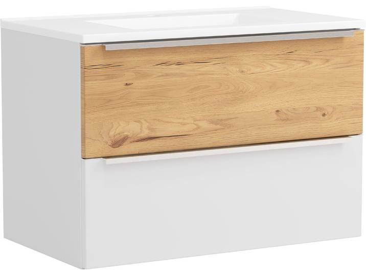Waschtisch WELLTIME TRIENT, Softclose-Auszüge, Mineralgussbecken , matt weiß, wildeiche, matt weiß, B:80cm H:54cm T:47cm, Waschtische, Waschtisch, matt weiss/wildeiche, Mineralgussbecken