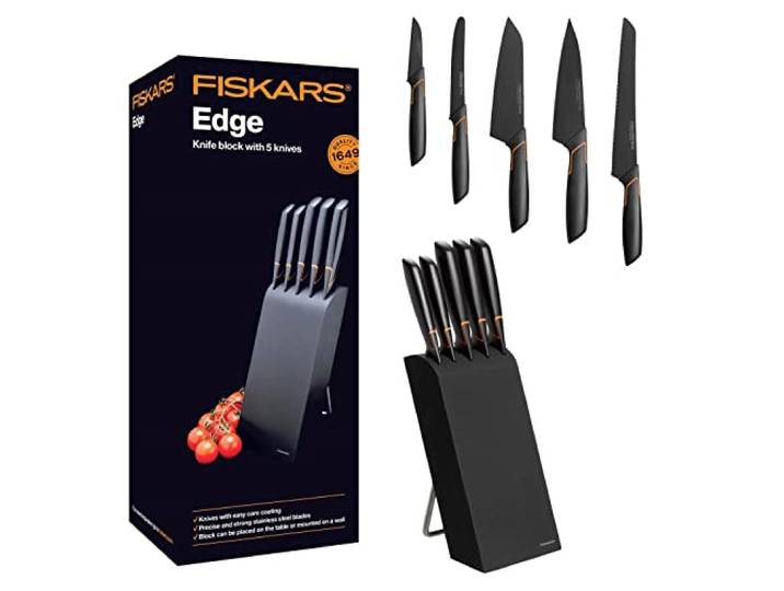 Fiskars Bloc design avec 5 couteaux\, Largeur: 15\,5 cm\, Hauteur: 37 cm\, Bois de bouleau\, Noir\, Edge\, 1003099
